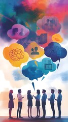 A group of people standing in front, with colorful speech bubbles above their heads in different colors and shapes