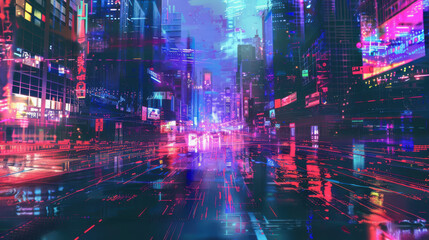Fototapeta premium Vibrant cityscape at night with glitch art overlay, emphasizing a neon cyberpunk atmosphere