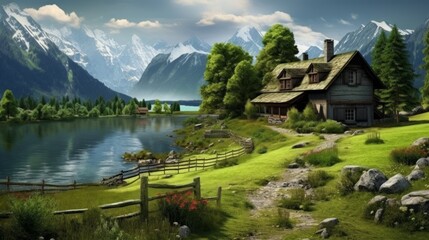Fototapeta premium Beautiful landscape with lake and green meadows and hills with house. Neural network ai generated art