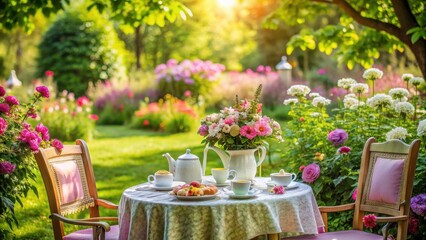 Tea party in a beautiful blooming garden setting , garden, tea cups, tea pot, tea party, floral, outdoor, setting, elegant