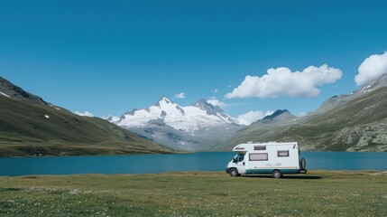 Need for spring: camper van by scenic mountain lake for outdoor adventure