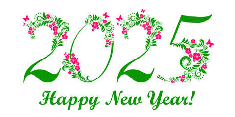 2025 Happy New Year greeting card. Celebration background with pink flower and place for your text.  Background for your Seasonal Flyers and Greeting Card or Christmas themed invitations. Vector