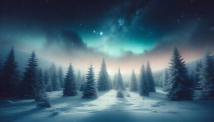 Winter landscape featuring a dense forest of snow covered pine trees under a night sky with stars