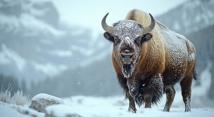 Bison in Snowy Mountains