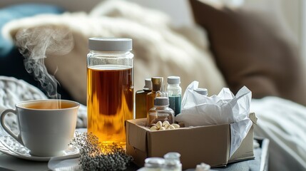 A collection of cold medicine bottles, a steaming cup of tea, and a box of tissues