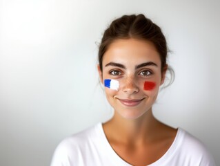 Patriotic expression: woman with french flag face paint for national celebration
