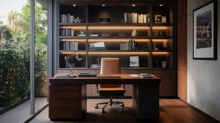 Contemporary home office with a dark wood desk, comfortable chair, and organized shelves