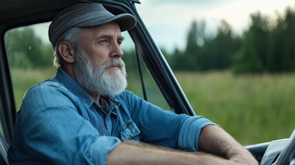 Fototapeta premium Pensive senior man driving through scenic countryside in summer