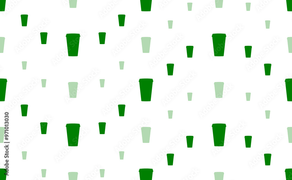 Poster seamless pattern of large and small green paper coffee cups. the elements are arranged in a wavy. il