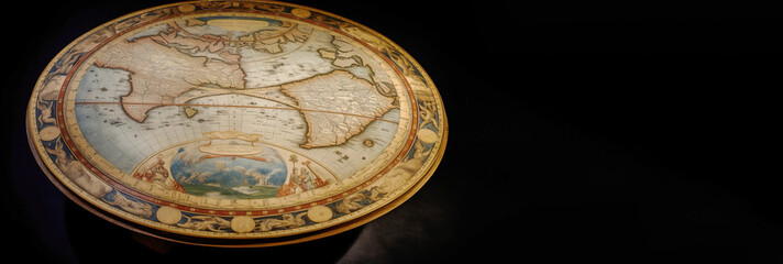 Naklejka premium Flat earth atlas map, black background. The concept of globalization, saving the planet. AI generated.