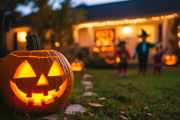 Halloween jack-o'-lantern on lawn with festive lights