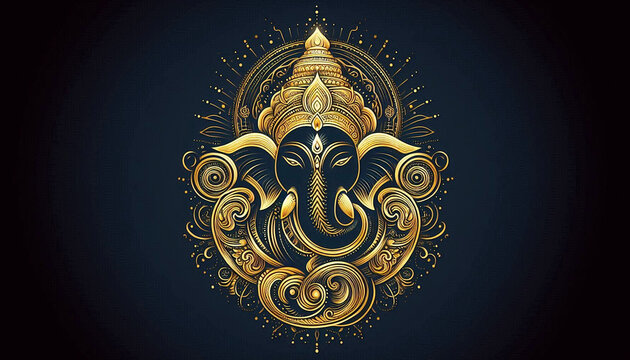 golden illustration style Indian Hindu religion god Ganesh or Ganesha idol for offering prayers during hindu festival Ganesh chathurthi,wedding,hindu ceremony,opening ceremony,black background