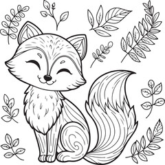 A fox lineart coloring book illustration for kids