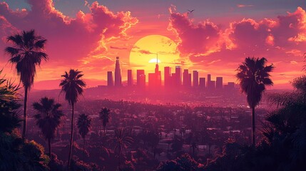 the Los Angeles skyline with palm trees in the foreground, capturing the vibrant cityscape and iconic landmarks.