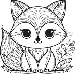 A fox lineart coloring book illustration for kids