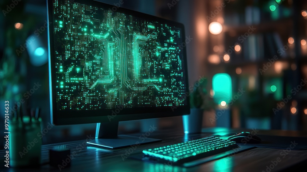 Poster computer screen with green circuit board display