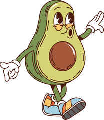 Retro groovy avocado for breakfast funky character with funny face, cartoon vector. Groovy retro comic avocado character whistling happy melody and walking for kids breakfast comic food emoji © Buch&Bee