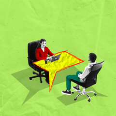Woman sitting at table with laptop and leading conversation with man. Clear communication as key to success in consulting. Contemporary art collage. Concept of business, consulting, cooperation