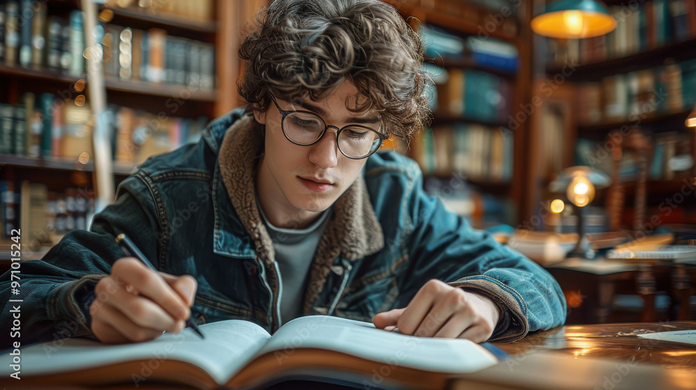 Aufkleber a young man is sitting at a desk with a book open in front of him. he is writing in the book with a 