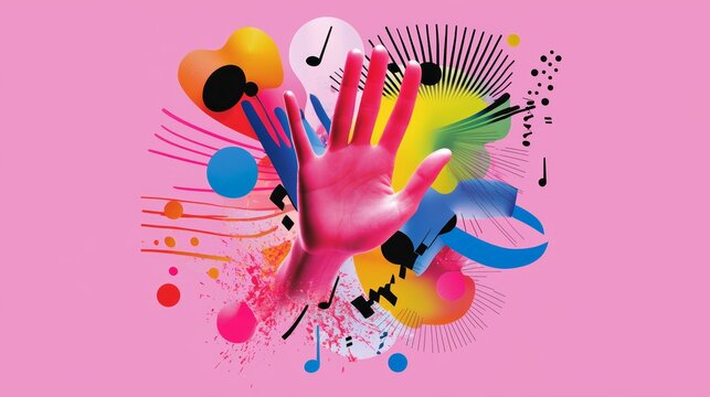 Explain how the hand gesture and abstract design elements in the image could represent the power of music to inspire and uplift people,