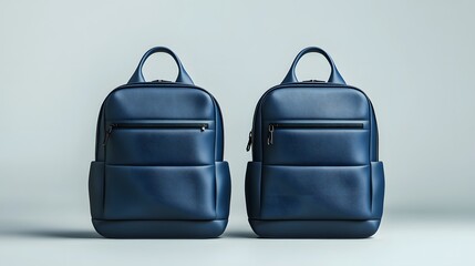 Deep blue backpacks shown in front and back views, featuring a minimalist and urban style, captured in soft lighting against a neutral background for a sleek look.