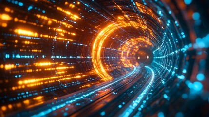 A futuristic digital tunnel with neon light trails and data streams, emphasizing a high-tech cyberspace visualization with dynamic motion blur and glowing effects.