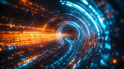 Obraz premium A futuristic digital tunnel with neon light trails and data streams, emphasizing a high-tech cyberspace visualization with dynamic motion blur and glowing effects.