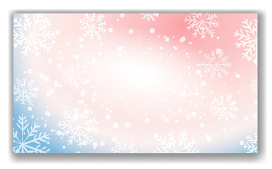 A pattern featuring blue and pink snowflakes on a gradient background with soft hues of pink and blue. This design conveys a winter and holiday theme. Vector illustration