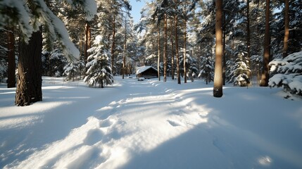 Serene winter forest with snow-covered trees and remote cabin retreat