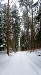 Fototapeta premium Serene winter forest road: snow-covered path through tranquil woods for nature and travel design