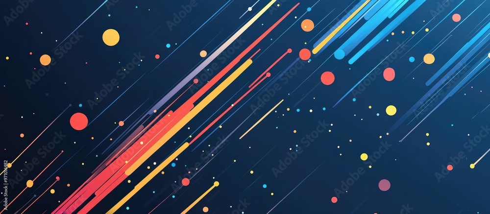 Poster abstract dark blue background with colorful lines and bokeh effects