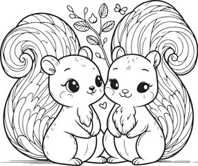 A squirrel lineart coloring book illustration for kids