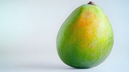 A vibrant green mango isolated on a white background, highlighting its smooth skin texture and gradient colors under focused studio lighting for high-definition fruit photography.