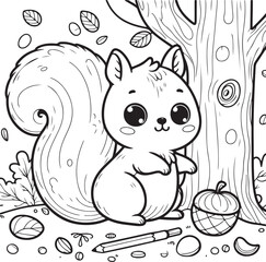 A squirrel lineart coloring book illustration for kids