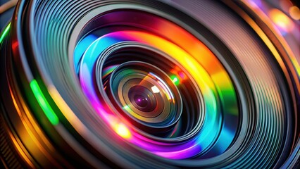 A close-up shot of a camera lens with colorful reflections, photography, camera, lens, close-up, reflection, equipment