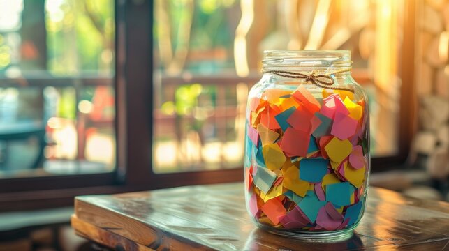A picture of a gratitude jar filled with colorful slips of paper with daily blessings written on them