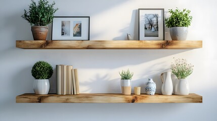 Floating wooden shelves mounted on a textured white wall display decorative items like plants and framed photos, emphasizing a modern interior design with natural lighting.