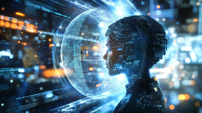 The human figure, surrounded by digital data streams and network interfaces, symbolizes the merging of mind with technology, where the boundary between man and machine is blurred.