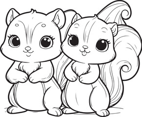 A squirrel lineart coloring book illustration for kids