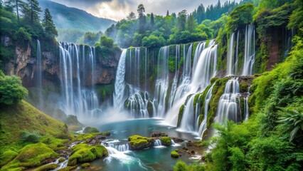 Fototapeta premium A breathtaking view of Nuorilang Waterfall in Sichuan, China surrounded by lush greenery and mist