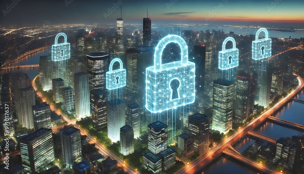 Poster a modern city skyline with interconnected digital padlocks symbolizing cybersecurity and data protec