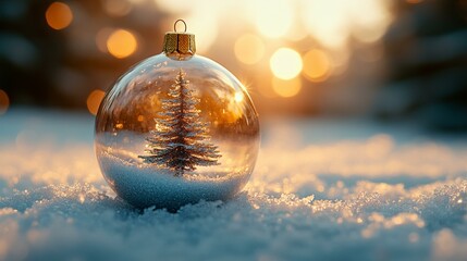 a Christmas glass ornament featuring a small tree inside, set against a snowy winter background for a festive feel.