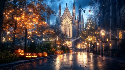 Naklejka premium Gothic cathedral decorated for Halloween spooky lighting