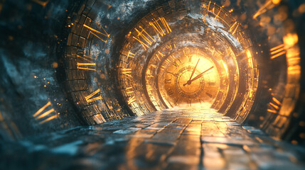 An impressive tunnel with a giant clock at its end symbolizes a time spiral. Bright rays of light illuminate the path, making you think about eternity.