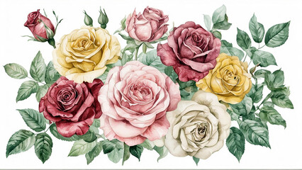 Watercolor roses in various shades with green leaves. perfect for floral designs, wedding invitations, greeting cards, and spring themed projects.