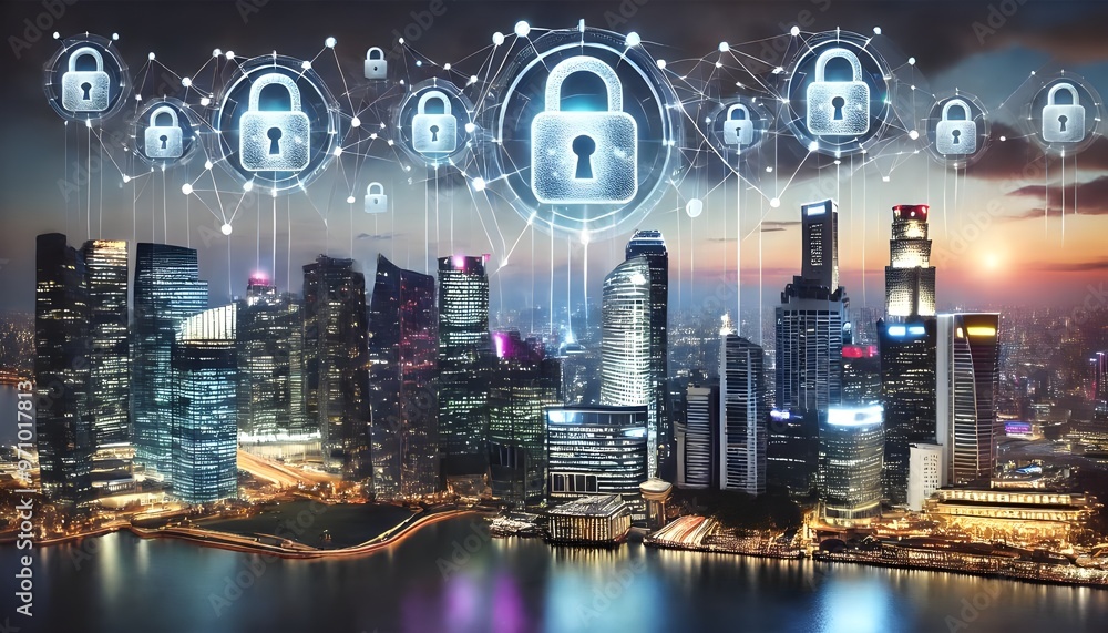 Poster a modern city skyline with interconnected digital padlocks symbolizing cybersecurity and data protec