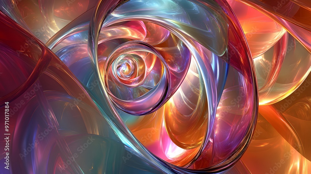 Poster a swirling abstract composition featuring translucent, multicolored ribbons in a spiral form