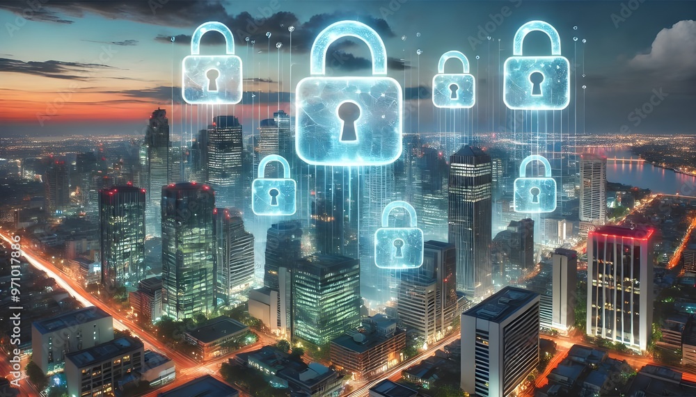 Poster a modern city skyline with interconnected digital padlocks symbolizing cybersecurity and data protec