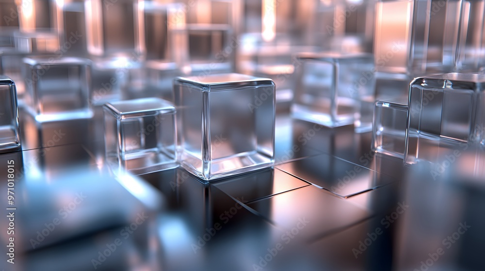 Poster clear glass cubes organized in a grid pattern on a reflective surface, emphasizing their transparenc