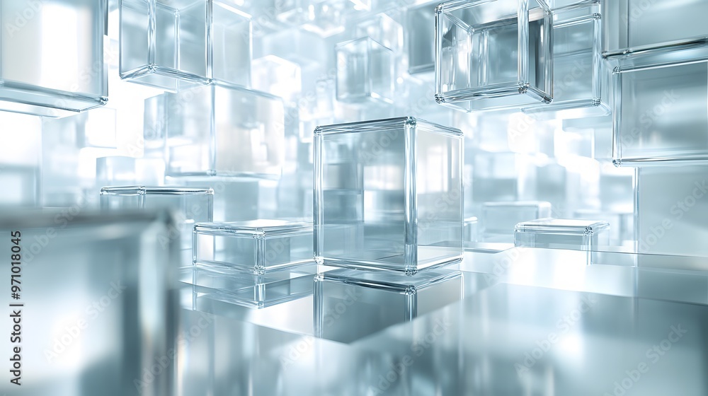 Poster clear glass cubes organized in a grid pattern on a reflective surface, emphasizing their transparenc